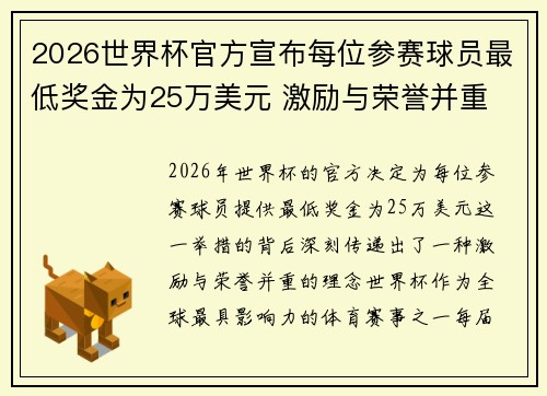 2026世界杯官方宣布每位参赛球员最低奖金为25万美元 激励与荣誉并重 2026世界杯官方宣布每位参赛球员最低奖金为25万美元 激励与荣誉并重